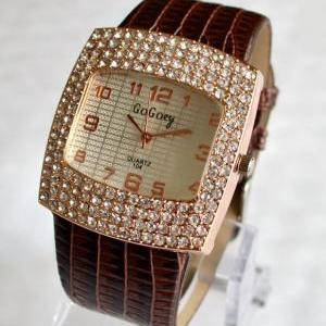 Red Luxurious Crystal Wrist Watch With Leather..
