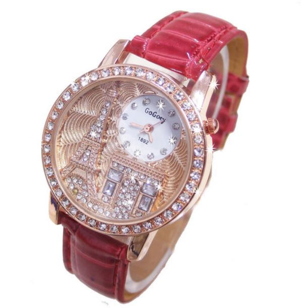 Red Luxury Rhinestonestudded Iron Tower Leather Ladies Watchquartz on
