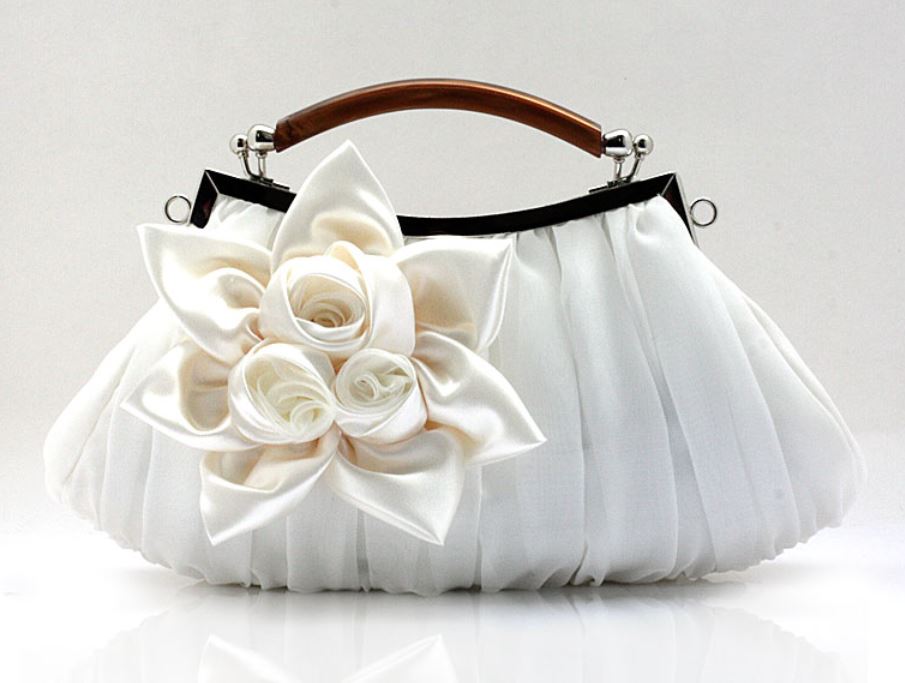 White Bridal Clutchelegant, Eye Catching Luxurious Handle Rose Bag